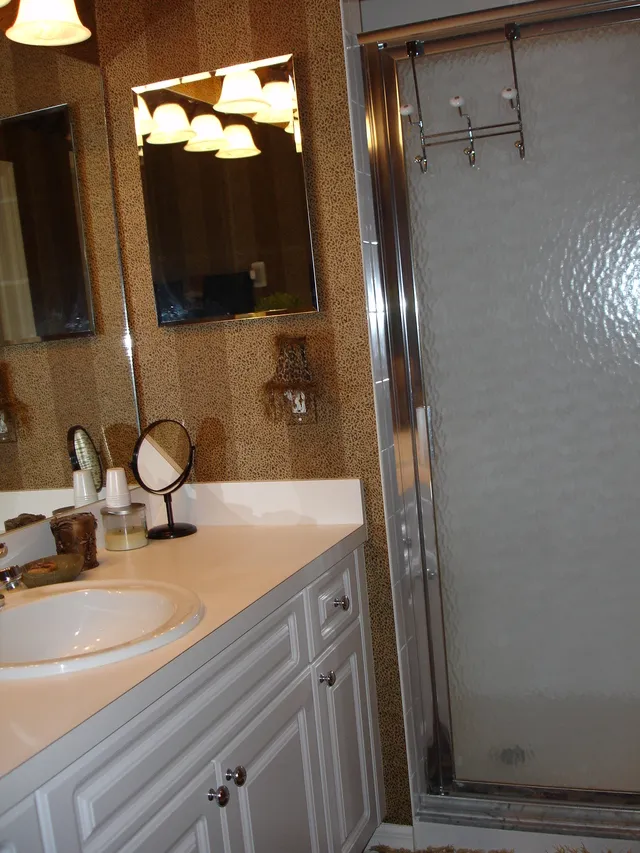 Second view of the master bath. Shower is large and nicely tiled.