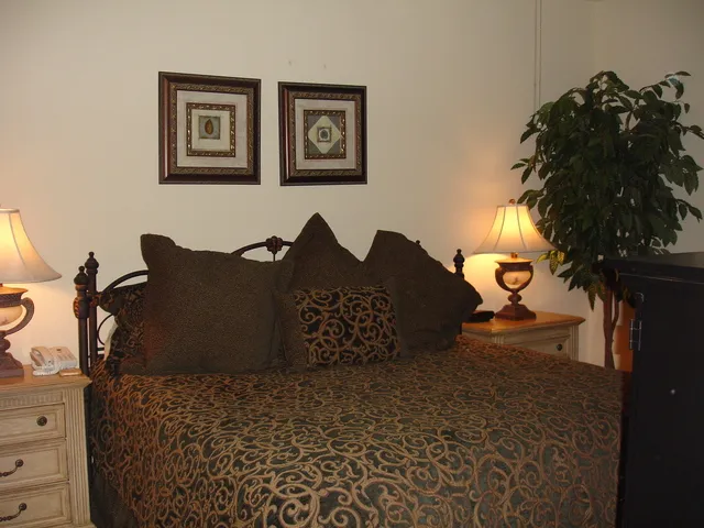 The master bedroom has upscale furnishings and linens plus a TV.