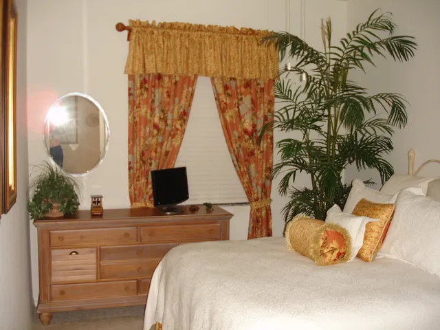 The guest bedroom includes a TV and custom furnishings with a double closet