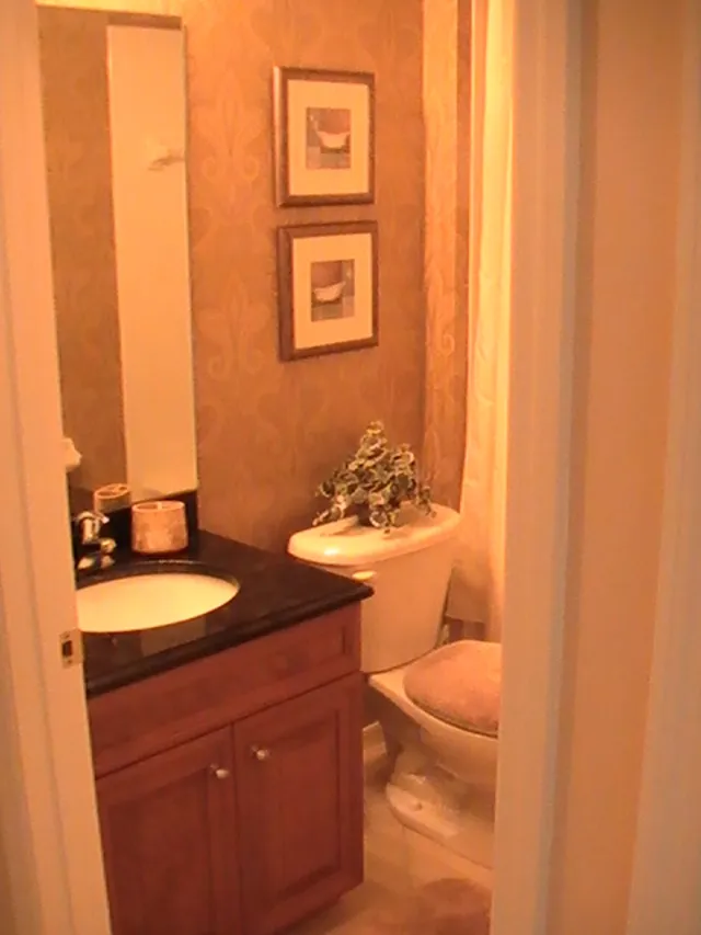 Guest bath room with designer wallpaper, solid wood and marble cabinets