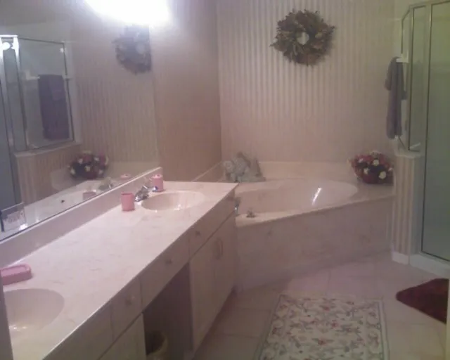Master bathroom with double sink, soaking tub, walkin shower, water closet