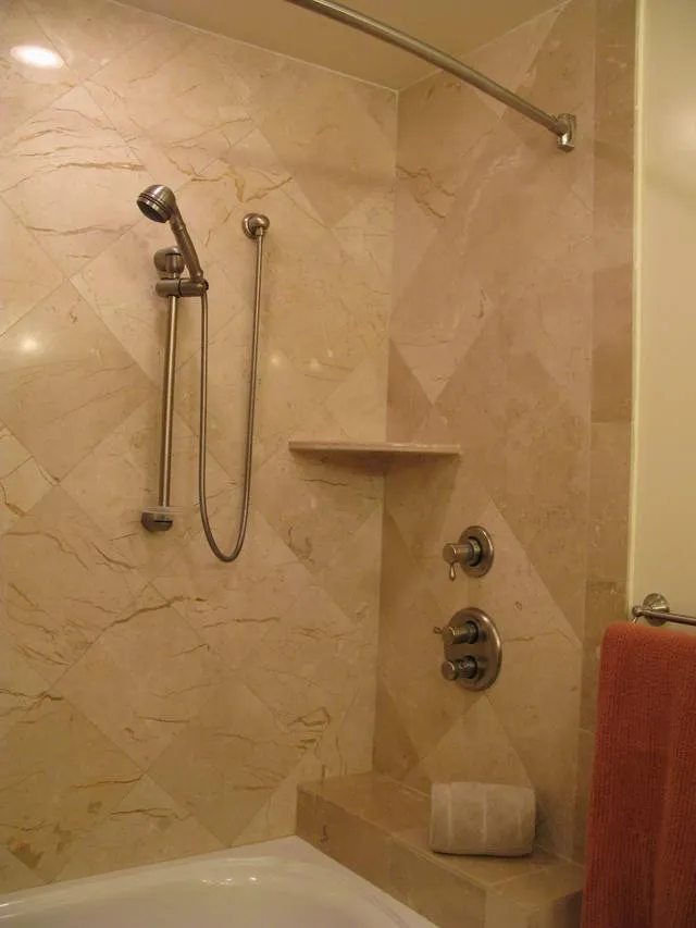 Master bathroom shower with jetted tub and two shower heads