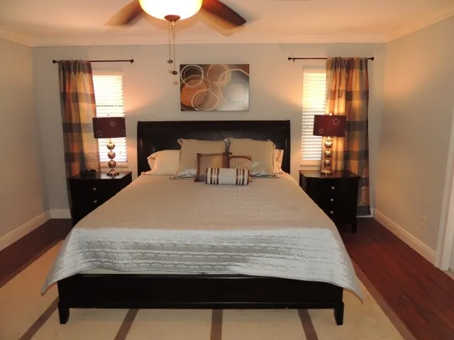 Master suite has king bed, flat screen tv, walk in closet and private bath