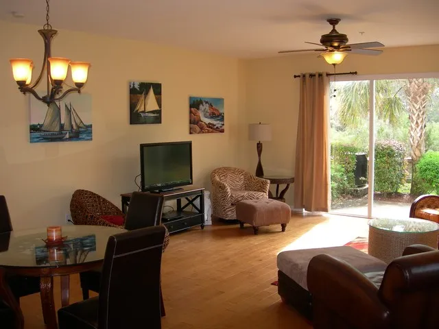 Great Room with 42" Flat screen TV and view of patio