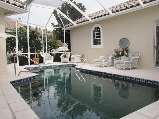 The pool is screened and very private. Has ample room for outdoor dining.