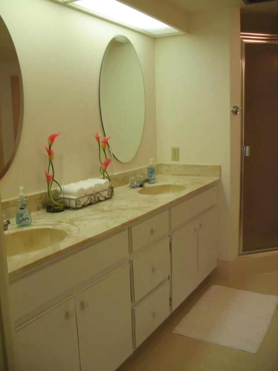 Huge master bath with his and hers sinks walk-in shower and separate tub