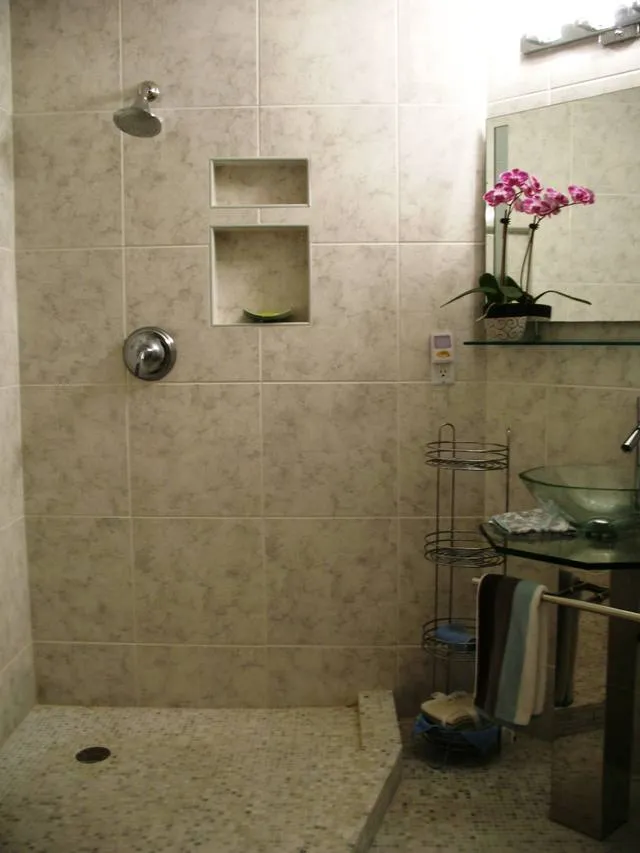 Beautiful master bath, floor to ceiling tiles, vessel sink, lots of storage