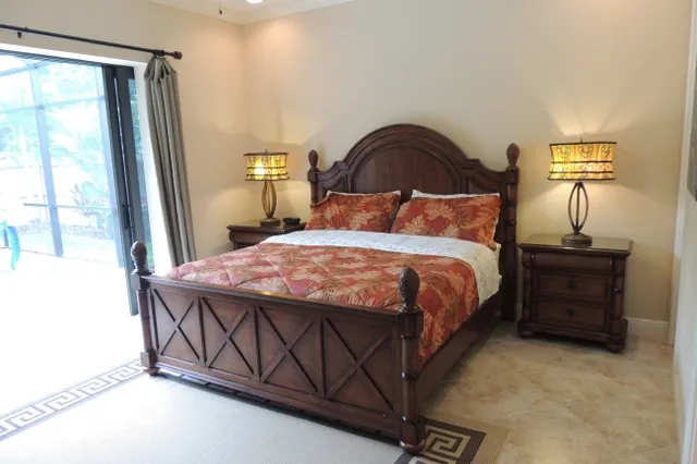 Master Suite has a king bed, private bath, walk in closet and views of pool