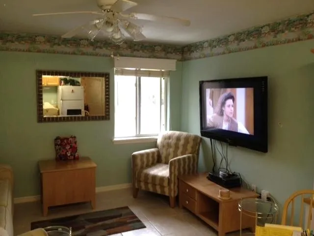 Livingroom with a new 55" TV and Blu-ray player.