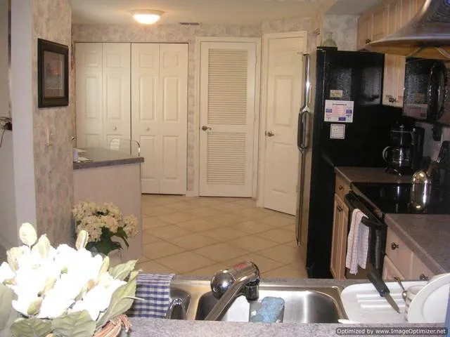 Kitchen  Lovered doors in back hihe the Washer and Dryer.  Also hide AC.