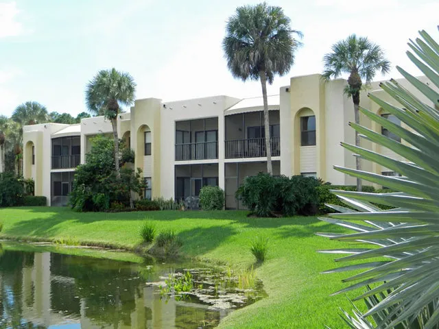 Back view of condo, behind tall palm.