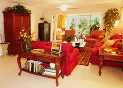 Immediate comfortable scene of living area upon entering from front door.