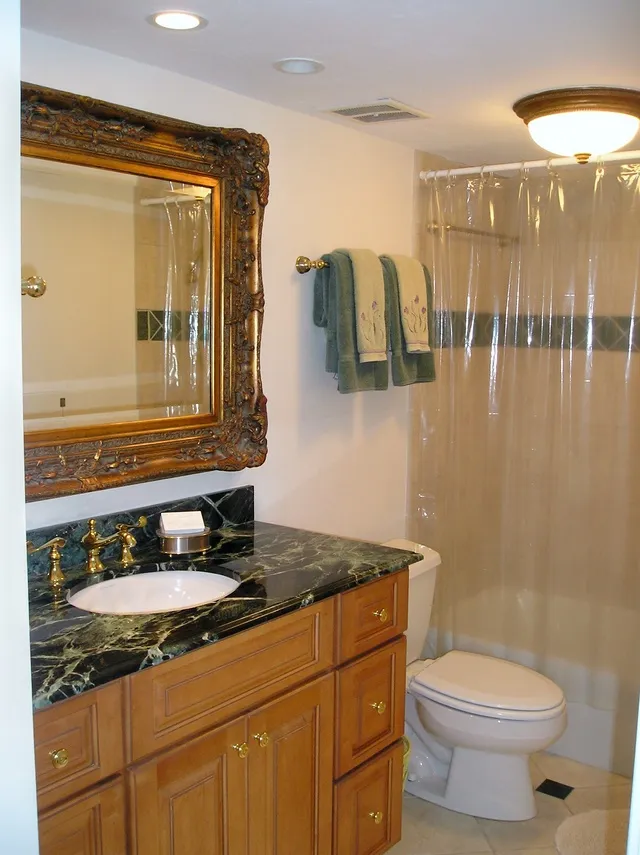 Elegant green marble vanity in second bathroom.