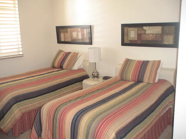 Second bedroom has twin beds.