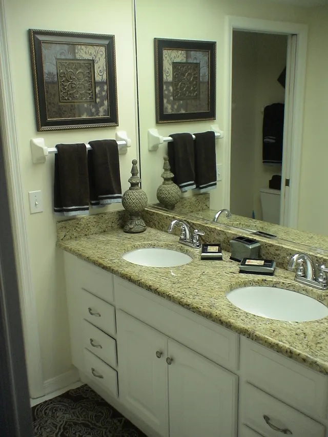 Master bath features double-sink vanity and walk-in shower.