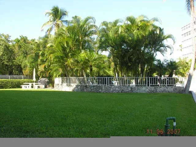 Yard, pool, picnic table and BBQ grill (behind table).