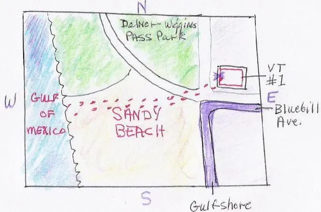 Vanderbilt Tower #1 with dotted path to sandy beach and Gulf.  