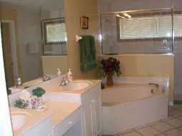 Master bath, walk in shower, separate bath, twin vanities.