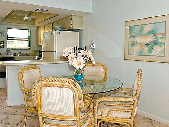Diningroom, comfortable seating for 4. Ceiling fan and light above table.