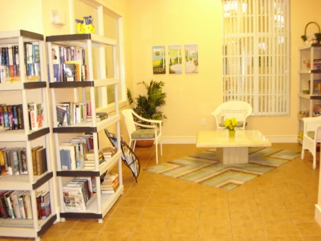 library in the clubhous next to the room with ping-pong, table-tennis