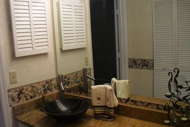 New granite sink and counter tops w/ elegant faucet. Walk-in closet behind.