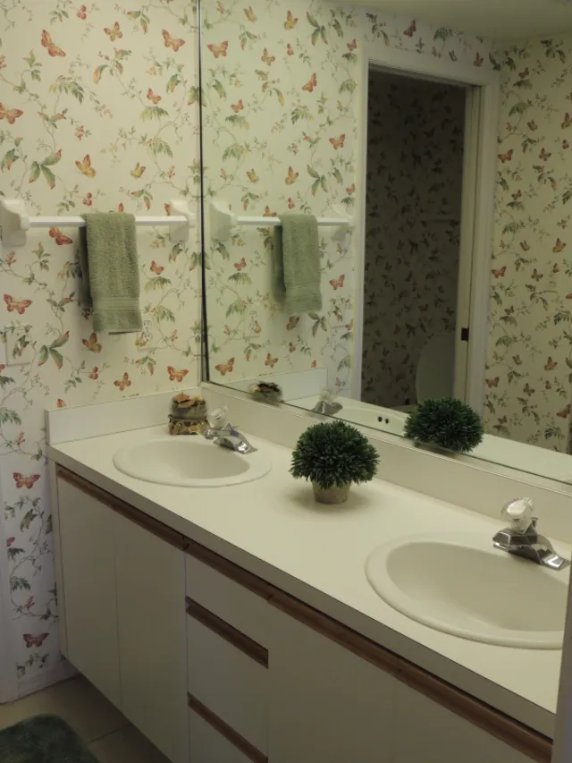master bathroom with dual sinks, walk in shower, & walk in closet