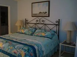 unit #412 guest king bedroom with linens, phone, and large closet & TV