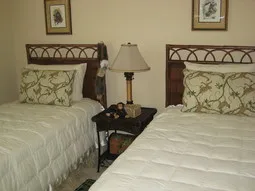 Twin beds decorated in a tropical theme