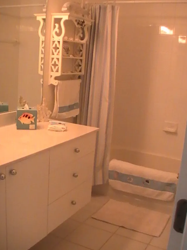 Coastal theme guest bathroom, with bath and shower.