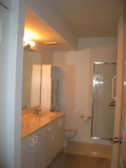 Master bath with double sink, shower, walk-in closet