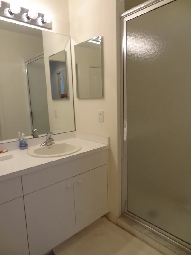 Master bath with dual sinks walk-in shower